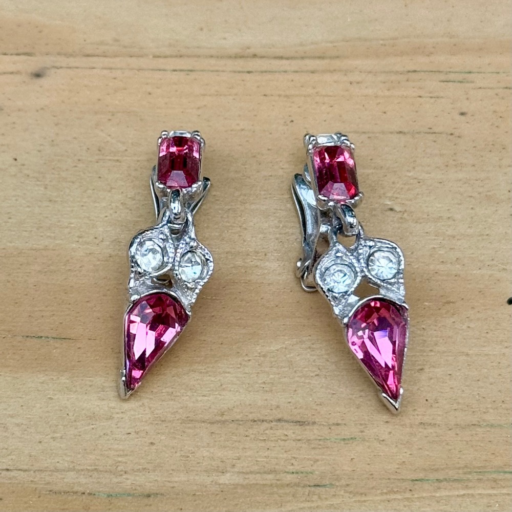 Vintage Bogoff Pink Rhinestone Clip On Drop Earrings Silver Tone 1 Inch MCM